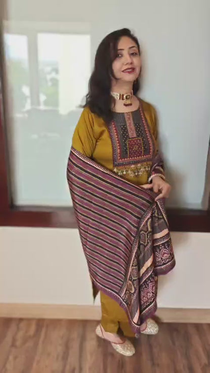 Gaji Silk Ajrakh Yellow Stitched Suit