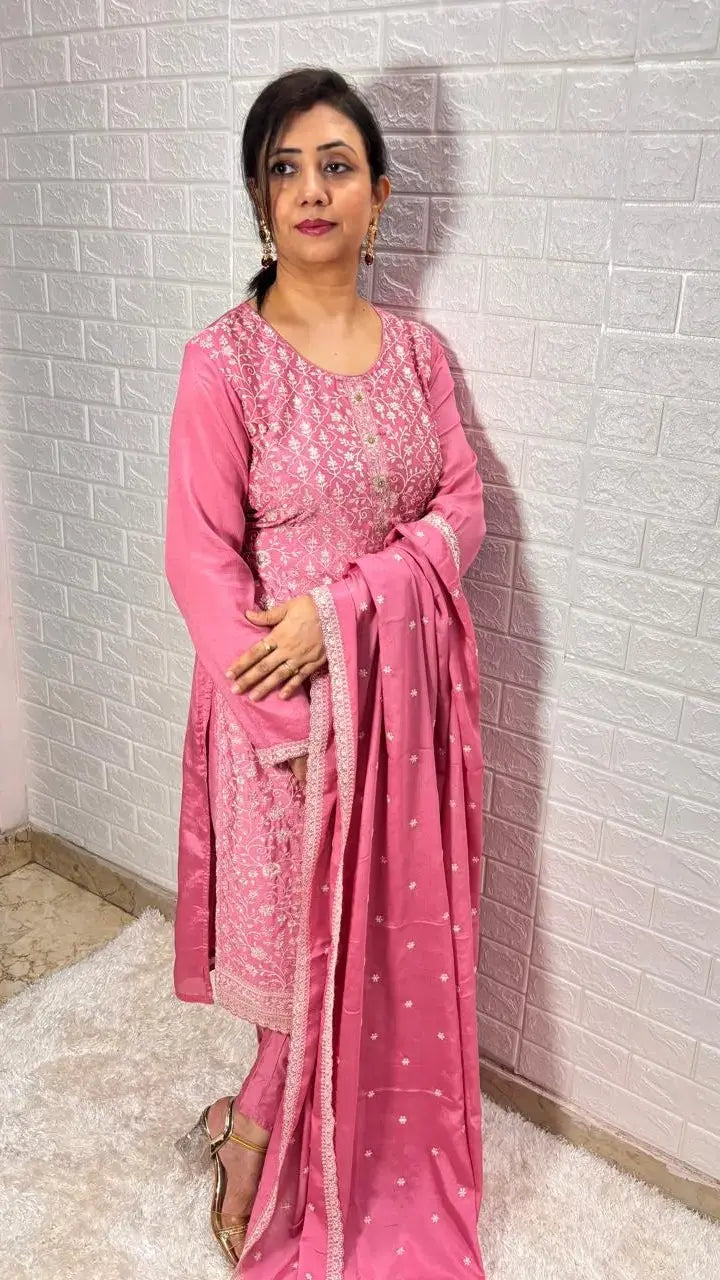 chinon fabric pink suit with heavy embroidery for women