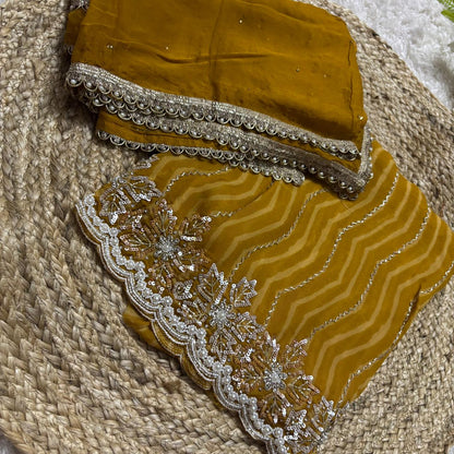 Yellow Organza Lehariya Suit Unstitched 