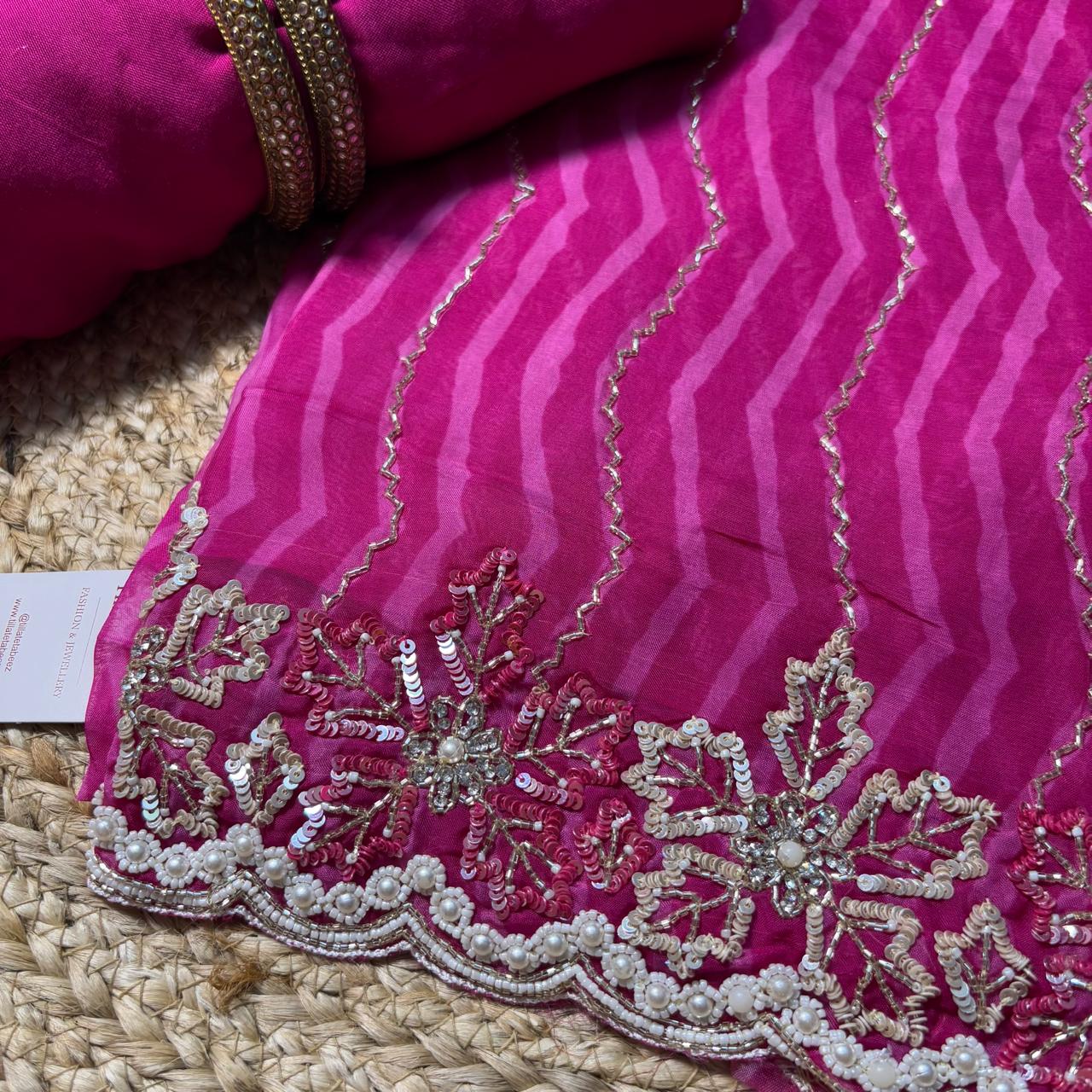 Magenta Yellow Organza Lehariya Unstitched Suit - Tilla Te Tabeez
