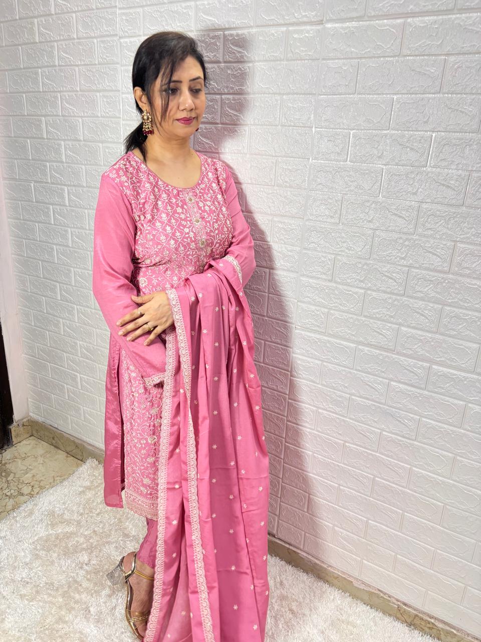 chinon fabric pink suit with heavy embroidery for women