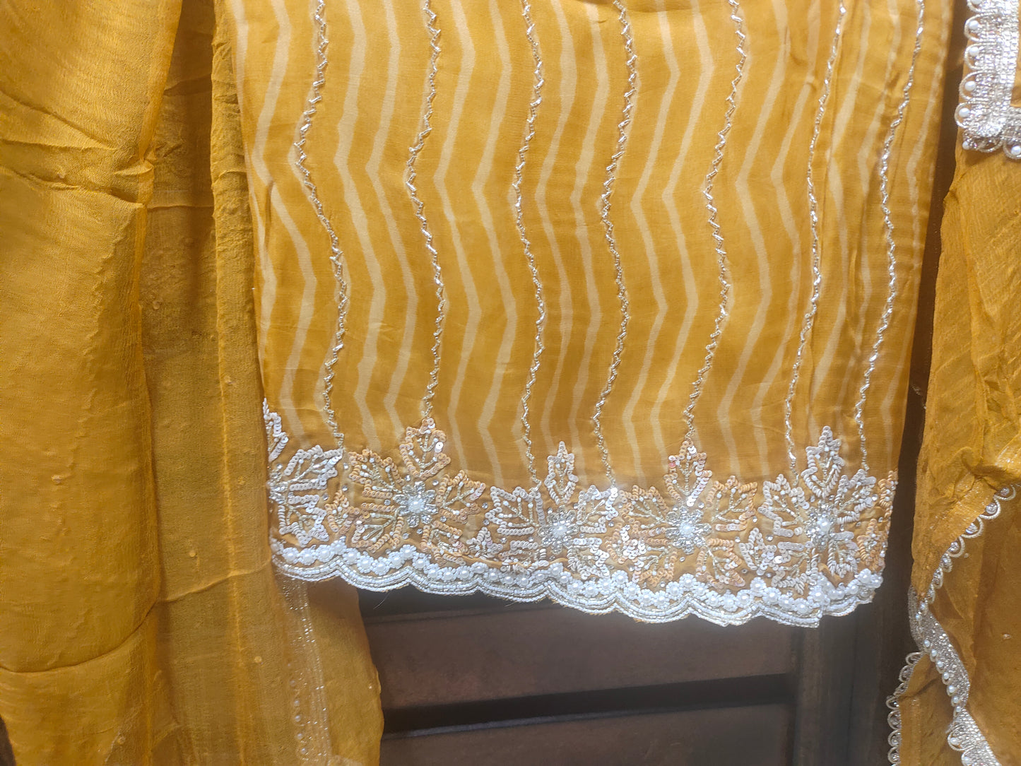Magenta Yellow Organza Lehariya Unstitched Suit - Tilla Te Tabeez