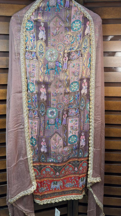 Brown Silk Cotton Suit with Banarasi Ajrakh print and embroidery