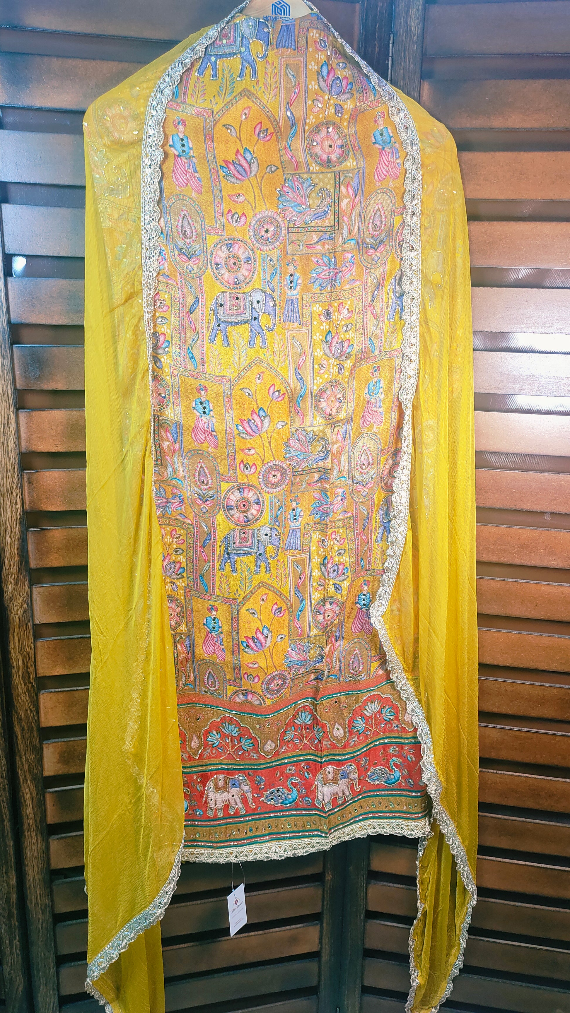 Yellow Silk Cotton Suit with Banarasi Ajrakh print and embroidery