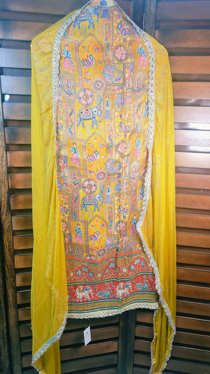 Yellow Silk Cotton Suit with Banarasi Ajrakh print and embroidery