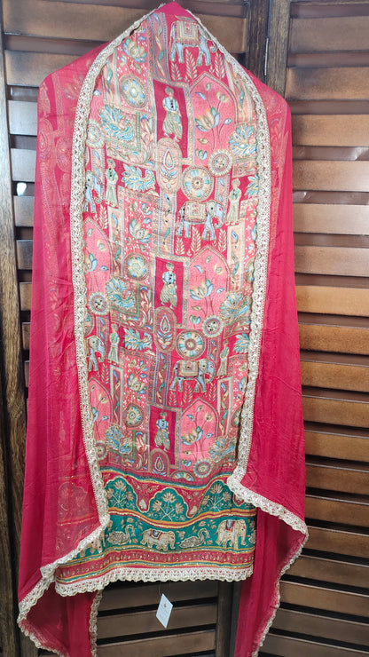 Red Silk Cotton Suit with Banarasi Ajrakh print and embroidery