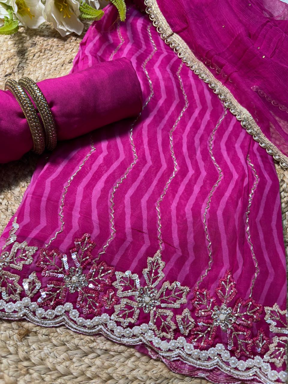 Magenta Organza Lehariya Suit Unstitched 