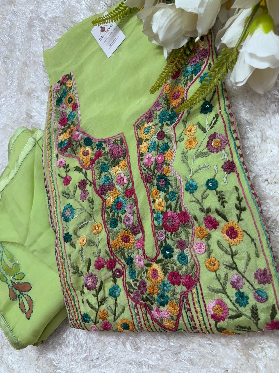 Lucknowi Chinon with Hand Embroidery Suit