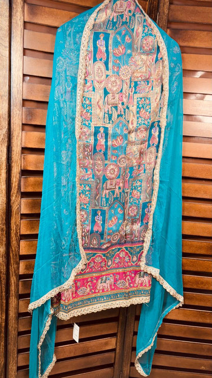 Blue Silk Cotton Suit with Banarasi Ajrakh print and embroidery
