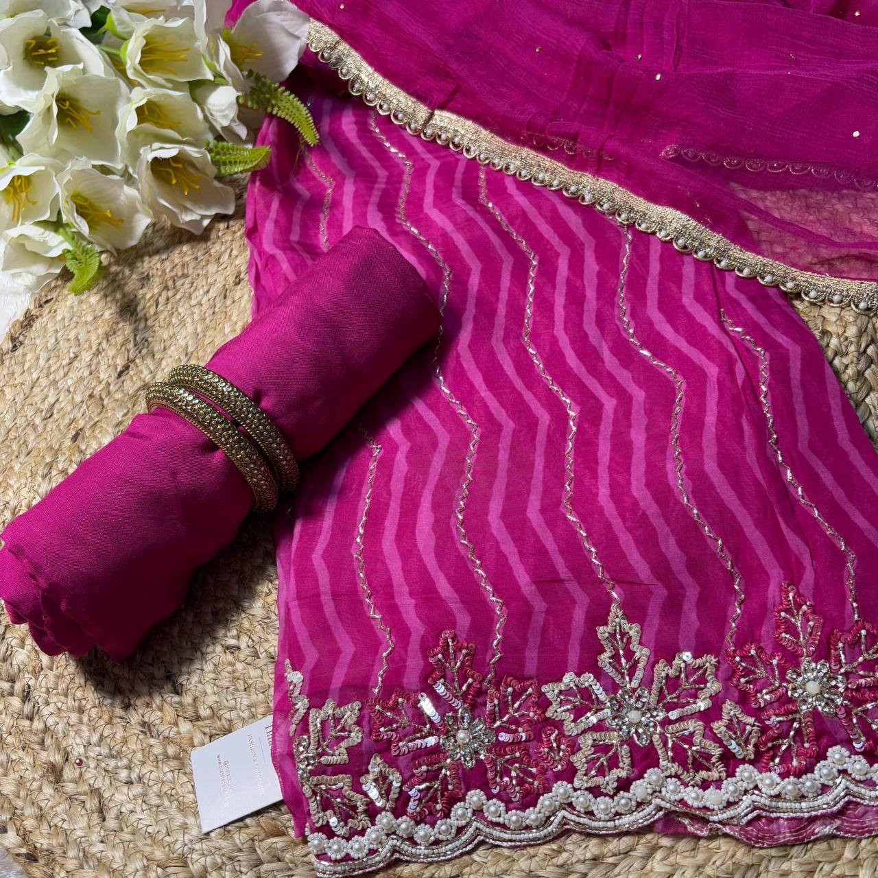 organza fabric lehariya suit magenta detailed texture