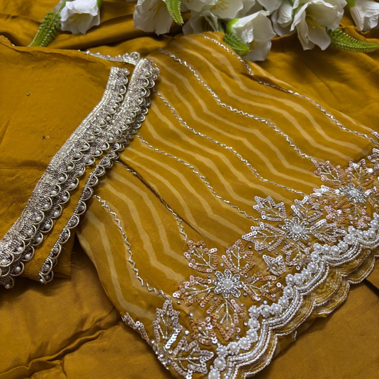 organza fabric lehariya suit yellow detailed texture