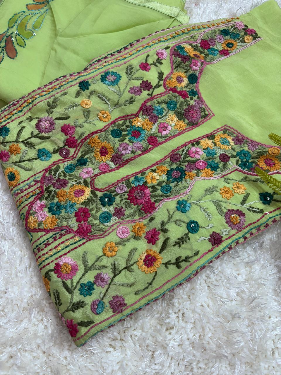 Lucknowi Chinon with Hand Embroidery Suit