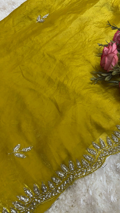 Organza Saree golden mustard front view with cutdana work