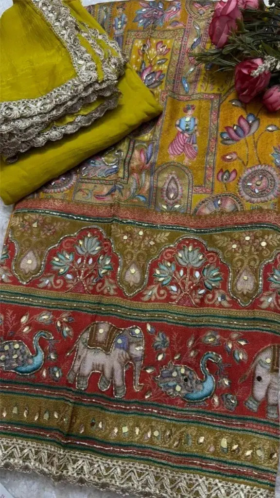 Silk Cotton Suit Yellow Ajrakh Banarasi print fabric and embroidery design